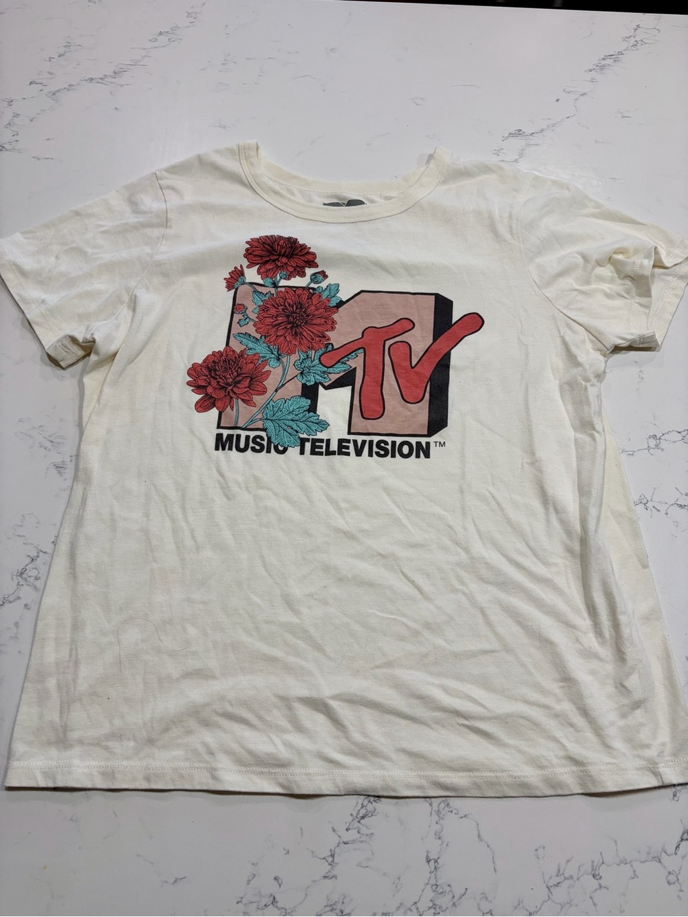MTV White Tee with Red Floral Logo and Teal Accents - Women’s Large